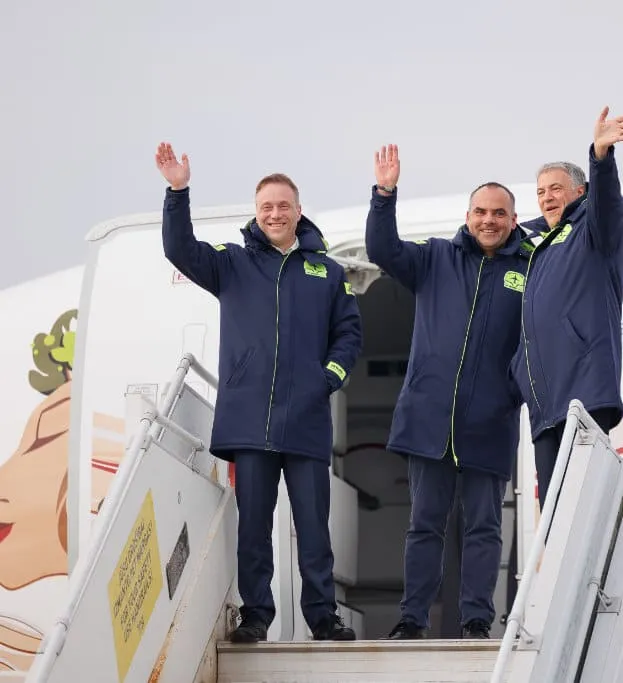 Crew in front of special livery aircraft